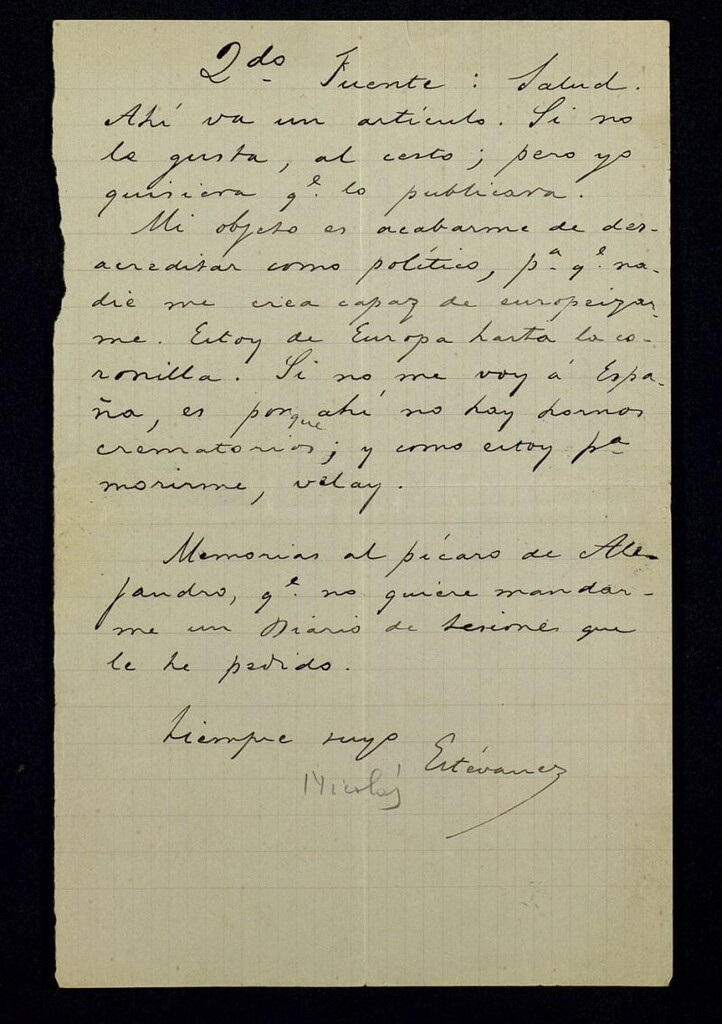 Miniatura de Carta de Nicolás Estévanez a Ricardo Fuente remitiéndole un artículo y avisándole que no va a volver a España