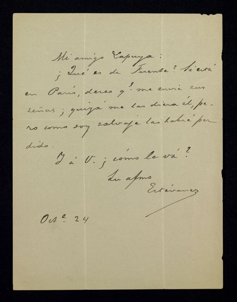 Miniatura de Carta de Nicolás Estévanez a Lapuya preguntándole por las señas de Fuente en Paris por si él se encuentra allí