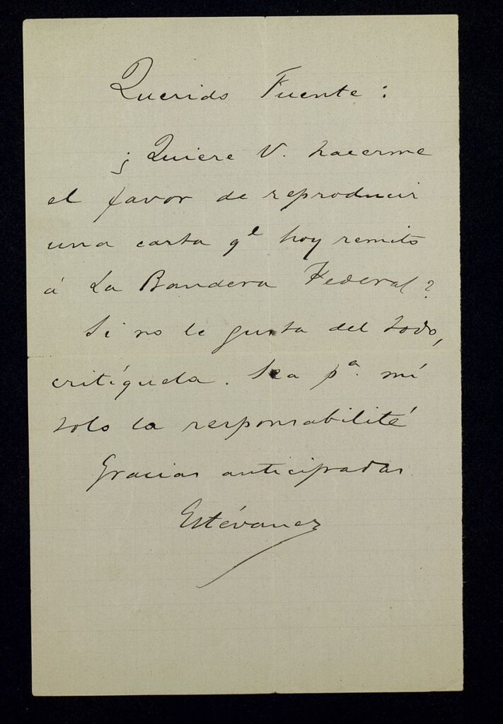 Miniatura de Carta de Nicolás Estévanez a Ricardo Fuente pidiéndole que reproduzca una carta que se va a publicar en La Bandera Federal