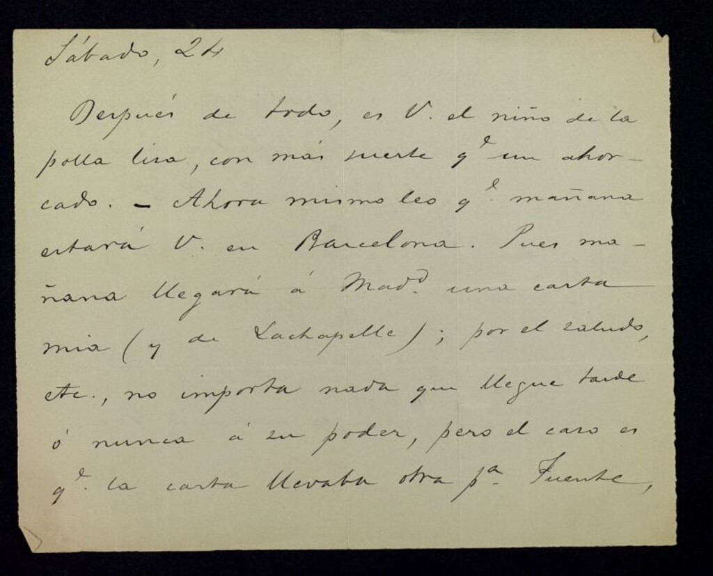 Miniatura de Carta de Nicolás Estévanez a un destinatario desconocido  anunciándole el envío de una carta que ha escrito con Lachapelle, que se va a publicar en La Bandera Federal, y quiere que Ricardo Fuente la publique también