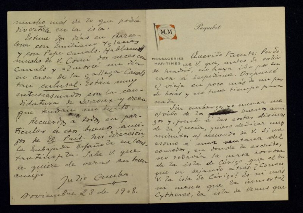 Miniatura de Carta de Julio Camba a Ricardo Fuente contándole su viaje a Constantinopla pasando por Nápoles y Grecia; también comenta la despedida en Barcelona con Pepe Canales y Emiliano Yglesias y la candidatura de Lerroux