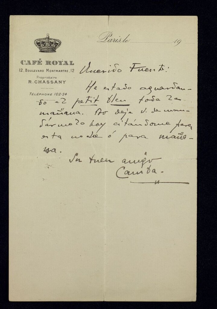 Miniatura de Carta de Julio Camba a Ricardo Fuente para pedirle un petit bleu o telegrama