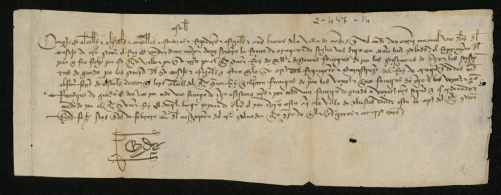 Miniatura de Provisión de don Enrique Manuel, ordenando a Madrid entregue cincuenta fanegas de pan, la mitad de trigo y la mitad de cebada a Alfonso Fernández de Cascales alcalde del rey de Aragón