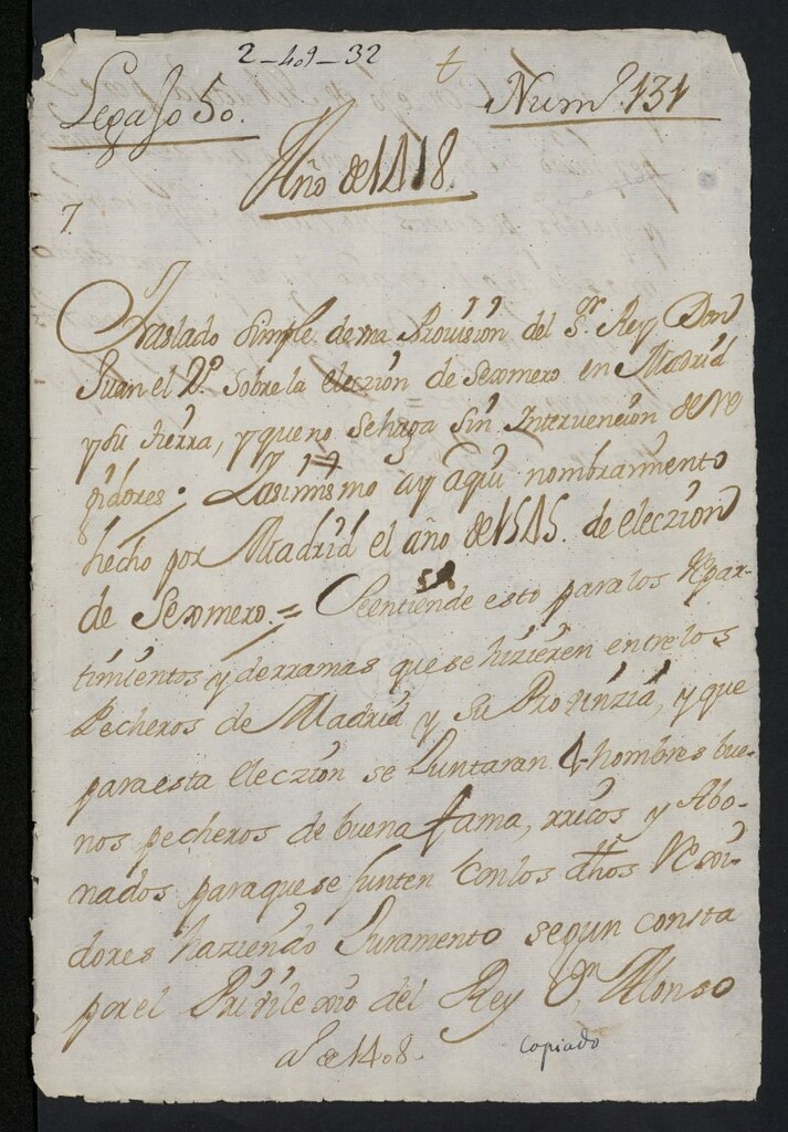 Miniatura de Copia simple coetánea de la Provisión de Juan II fijando las normas para la elección de los sexmeros de la Villa y tierra que habían de intervenir en todas las derramas de maravedís que tuvieren lugar en el futuro, dada en Tordesillas