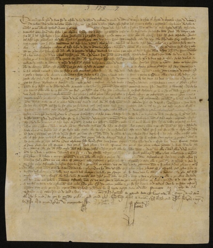 Miniatura de Provisión de comisión de Enrique III ordenando al doctor Juan González de Acebedo entender en las reclamaciones formuladas por la Villa de Madrid contra las usurpaciones de sus lugares de Pinto, Torrejón de Sebastián Domingo, Parla, Barajas, La Alameda, Fuentidueña y Alcobendas