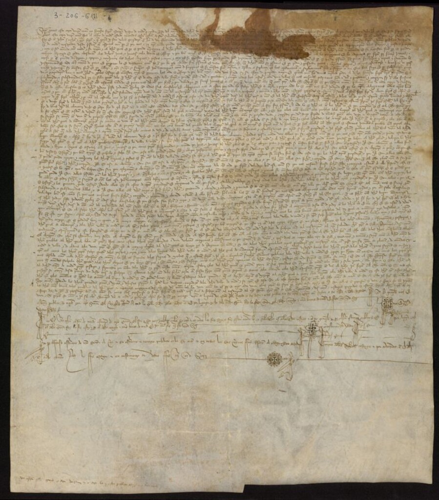 Miniatura de Carta de concordia firmada por la villa de Madrid y los pueblos del Real de Manzanares, con licencia de Diego Hurtado de Mendoza, sobre uso de pastos y caza