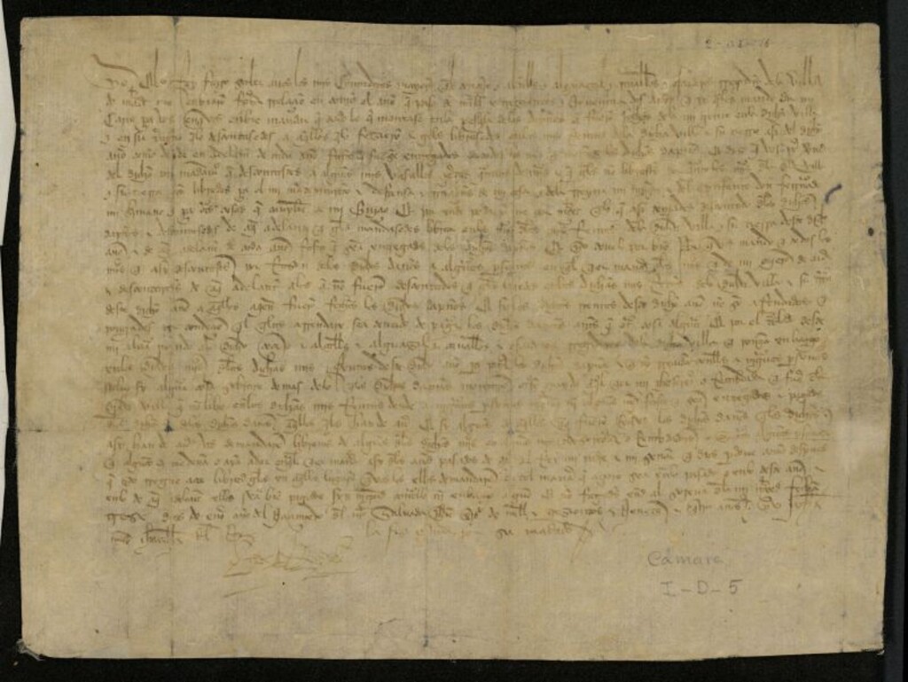 Miniatura de Albalá de Enrique III ordenando que se pagase a los vecinos de Madrid los daños padecidos, descontando la suma de maravedís de las rentas de la Villa debe