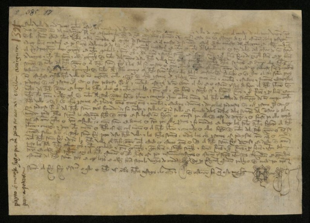 Miniatura de Testimonio notarial del compromiso suscrito por el Concejo de Madrid prometiendo obedecer la prohibición del rey sobre el acogimiento en la Villa de personas poderosas sin su expresa autorización