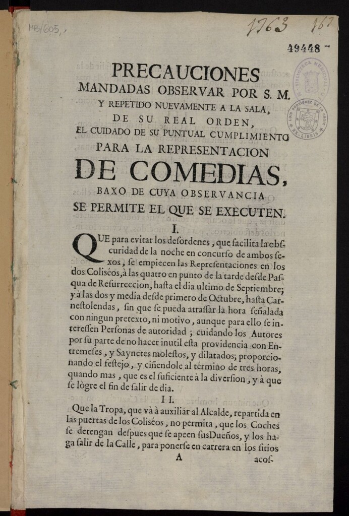 Miniatura de Precauciones mandadas observar por S.M. y repetido nuevamente a la sala de su Real Orden el cuidado de su puntual cumplimiento para las representacion de comedias baxo de cuya observancia se permite el que se excuten