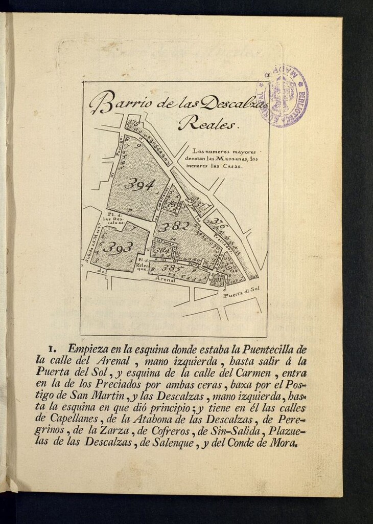 Miniatura de Madrid dividido en ocho quarteles, con otros tantos barrios cada uno: explicacion de ellos, y sus recintos ...