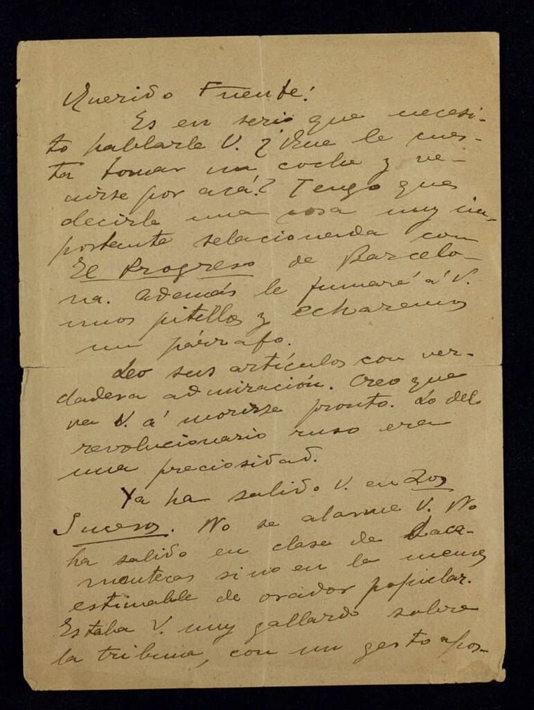 Miniatura de Carta de Julio Camba a Ricardo Fuente para pedirle una reunión y contarle algo sobre El Progreso de Barcelona
