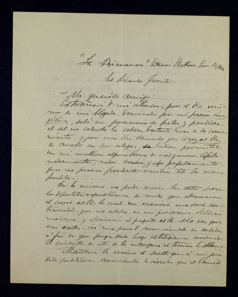 Miniatura de Carta de Rafael Calzada a Ricardo Fuente sobre la preparación de un mitin o encuentro republicano