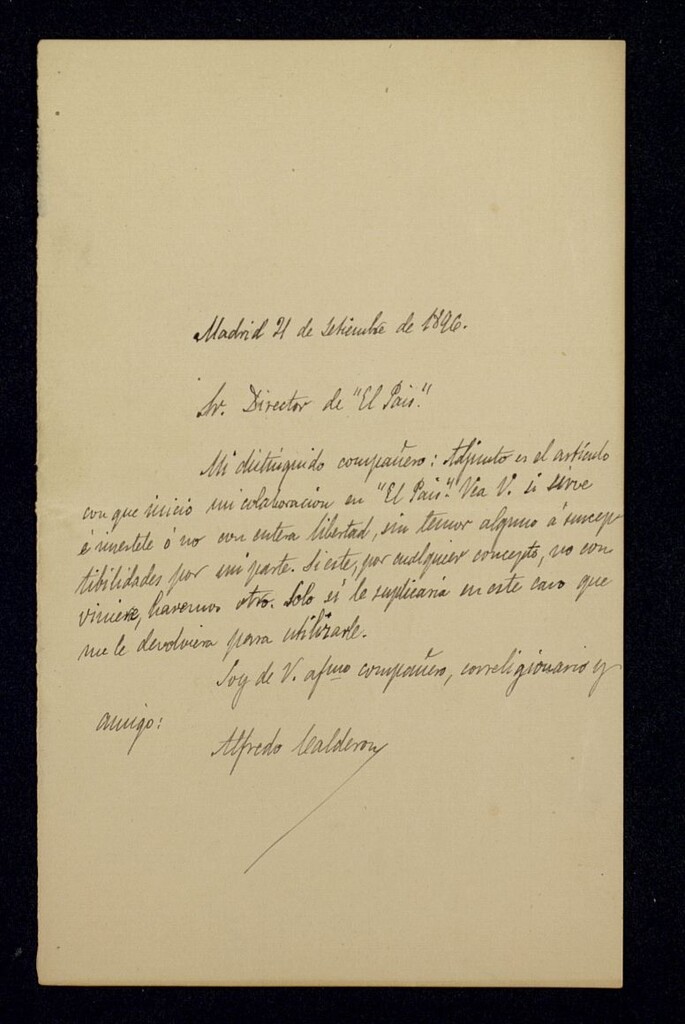 Miniatura de Carta de Alfredo Calderón a Ricardo Fuente, director de El País remitiéndole el artículo con el que inicia su colaboración con dicho periódico