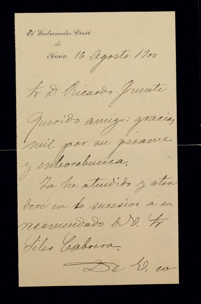 Miniatura de Carta de Julio Burrell a Ricardo Fuente dándole las gracias por su pésame, la enhorabuena y comunicándole que ya ha atendido a su recomendado