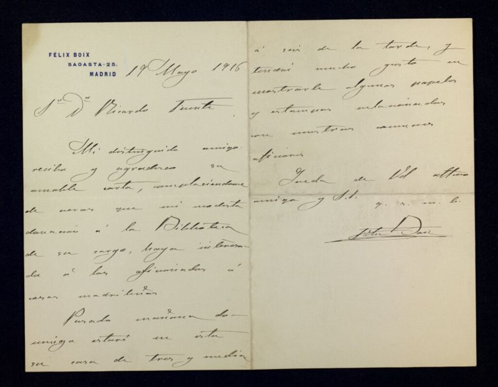Miniatura de Carta de Félix Boix a Ricardo Fuente sobre una donación que el primero hizo a la Biblioteca Municipal de Madrid y anunciándole su visita