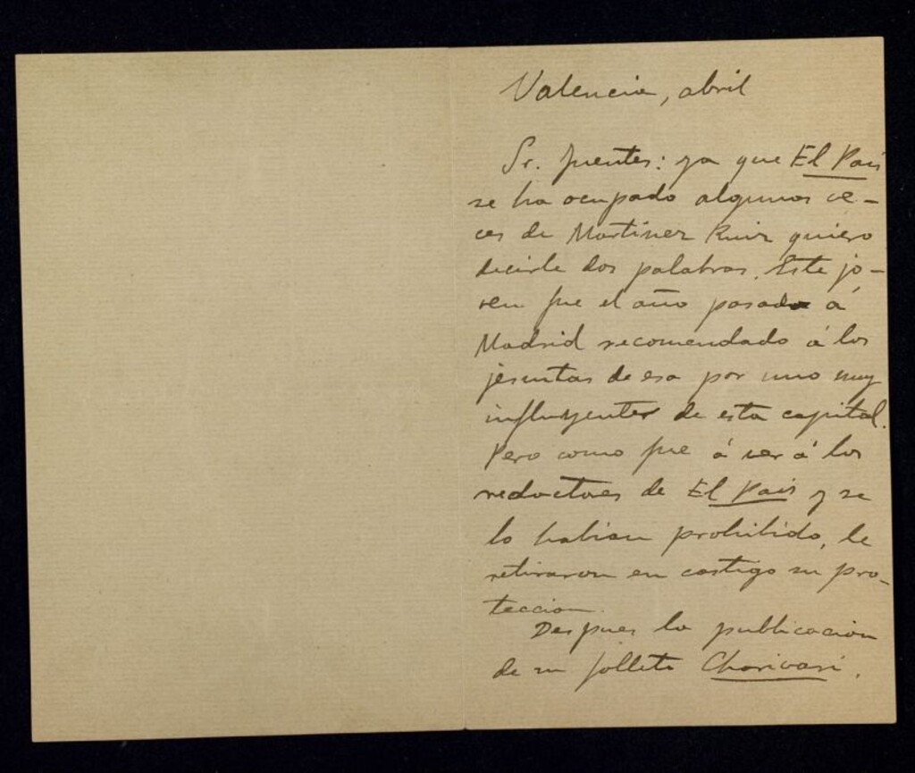 Miniatura de Carta de Vicente Blasco Ibáñez a Ricardo Fuente criticándole a José Martínez Ruíz Azorín por su falsa postura revolucionaria, ya que Blasco sabe que tanto Azorín como su familia son cercanos a los jesuitas y exaltados católicos