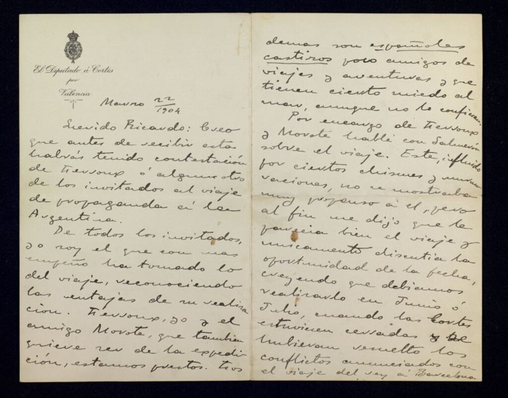 Miniatura de Carta de Vicente Blasco Ibáñez a Ricardo Fuente sobre un proyectado viaje de propaganda a Argentina y de la redacción de su novela El intruso