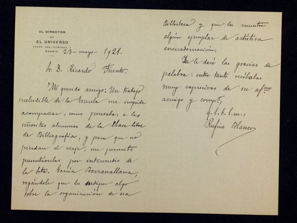 Miniatura de Carta de Rufino Blanco a Ricardo Fuente excusándose por no poder asistir con las alumnas de Bibliografía y encargando de ello a la señorita García Barzanallana