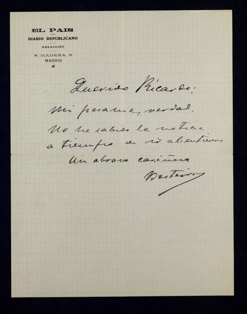 Miniatura de Carta de Julián Besteiro a Ricardo Fuente dándole el pésame