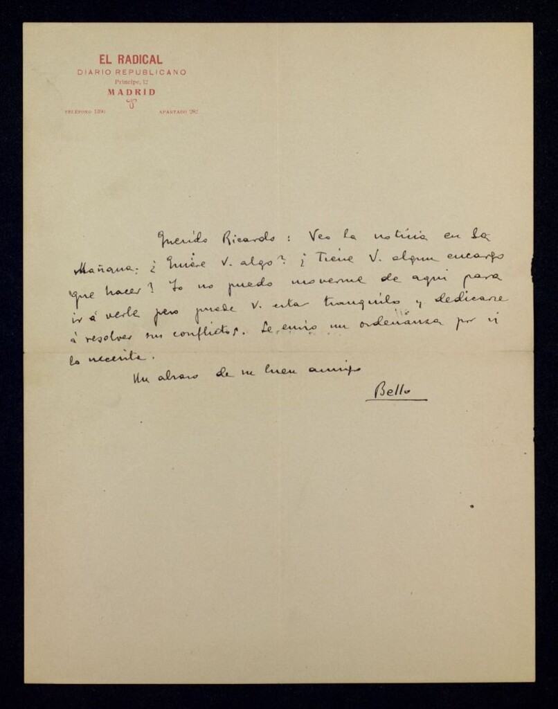 Miniatura de Carta de Luis Bello a Ricardo Fuente sobre una noticia leída en La Mañana y ofreciéndole su ayuda