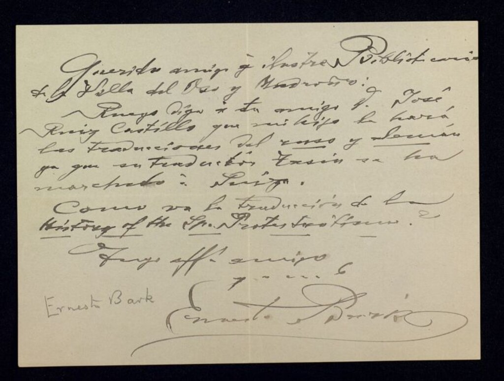Miniatura de Carta de Ernesto Bark a Ricardo Fuente para que le avise a José Ruíz Castillo que su hijo va a hacer la traducción de History of Protestantismo.