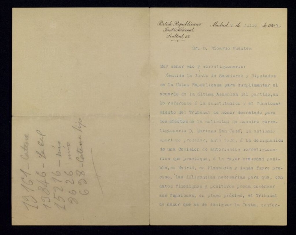 Miniatura de Carta de Gumersindo Azcárate a Ricardo Fuente sobre la formación de un Tribunal de honor dentro del Partido Republicano, a petición de Mariano San José y formado, entre otros, por Lerroux