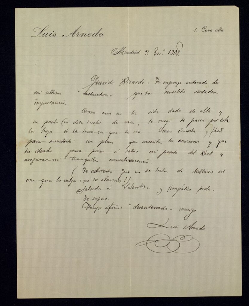 Miniatura de Carta de Luis Arnedo a Ricardo Fuente sobre su reciente enfermedad e invitándole a su casa