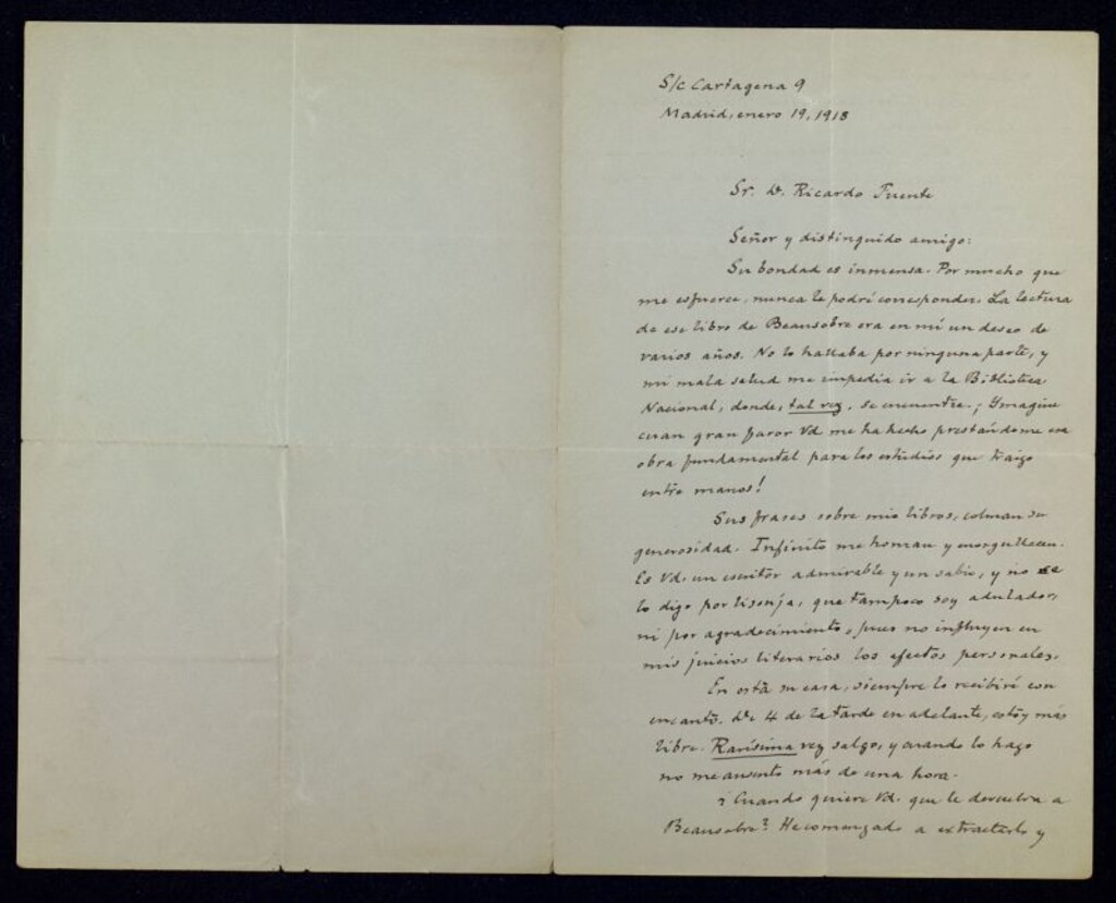Miniatura de Carta de José de Armas a Ricardo Fuente agradeciéndole el préstamo de un libro de Beausobre