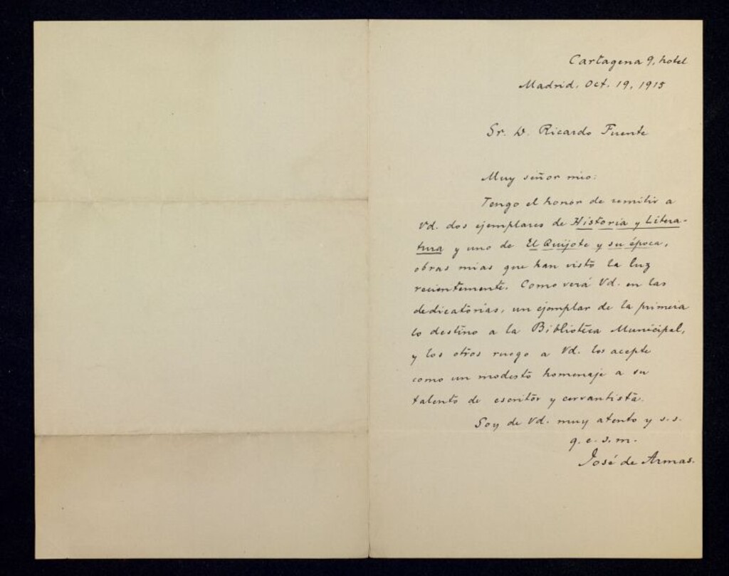 Miniatura de Carta de José de Armas a Ricardo Fuente remitiéndole ejemplares de sus obras Historia y literatura y El Quijote y su época como donación para él y la Biblioteca Municipal de Madrid