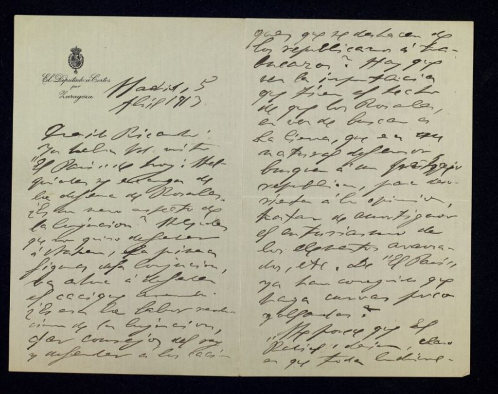 Miniatura de Carta de Álvaro de Albornoz a Ricardo Fuente sobre un artículo en El País de Melquiades Álvarez defendiendo a Rosales