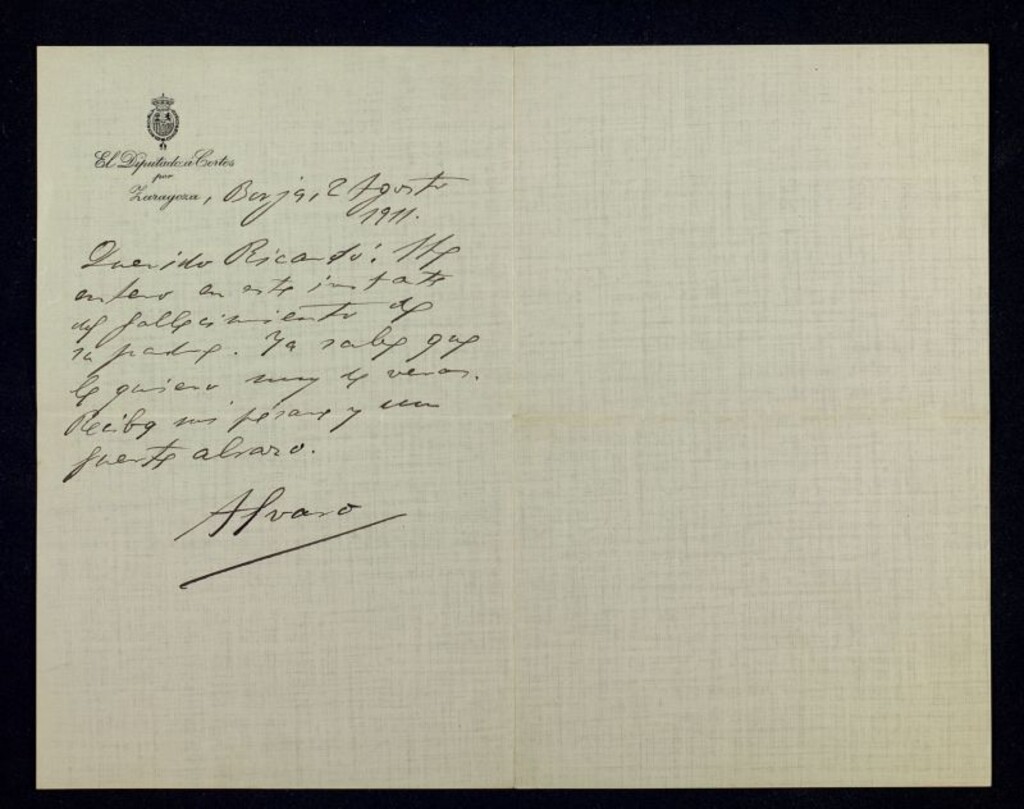 Miniatura de Carta de Álvaro de Albornoz a Ricardo Fuente dándole el pésame por el fallecimiento de su padre