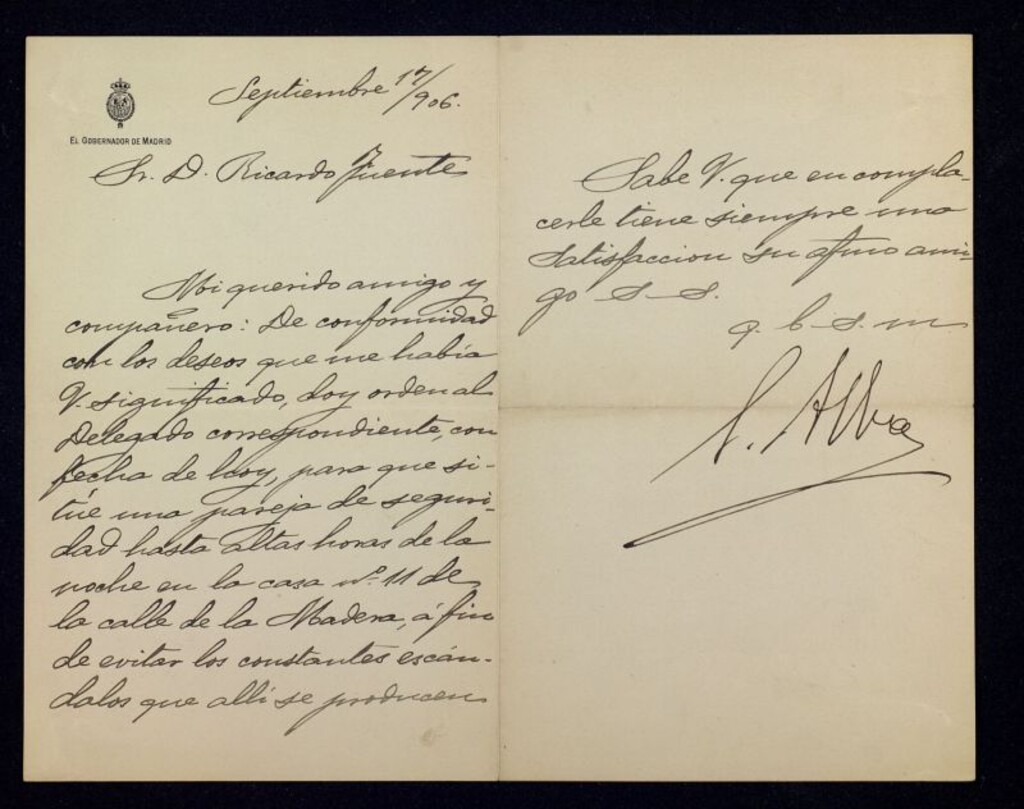 Miniatura de Carta de Santiago Alba a Ricardo Fuente avisándole va a poner seguridad por la noche en la calle Madera 11 para evitar los escándalos que allí se producen