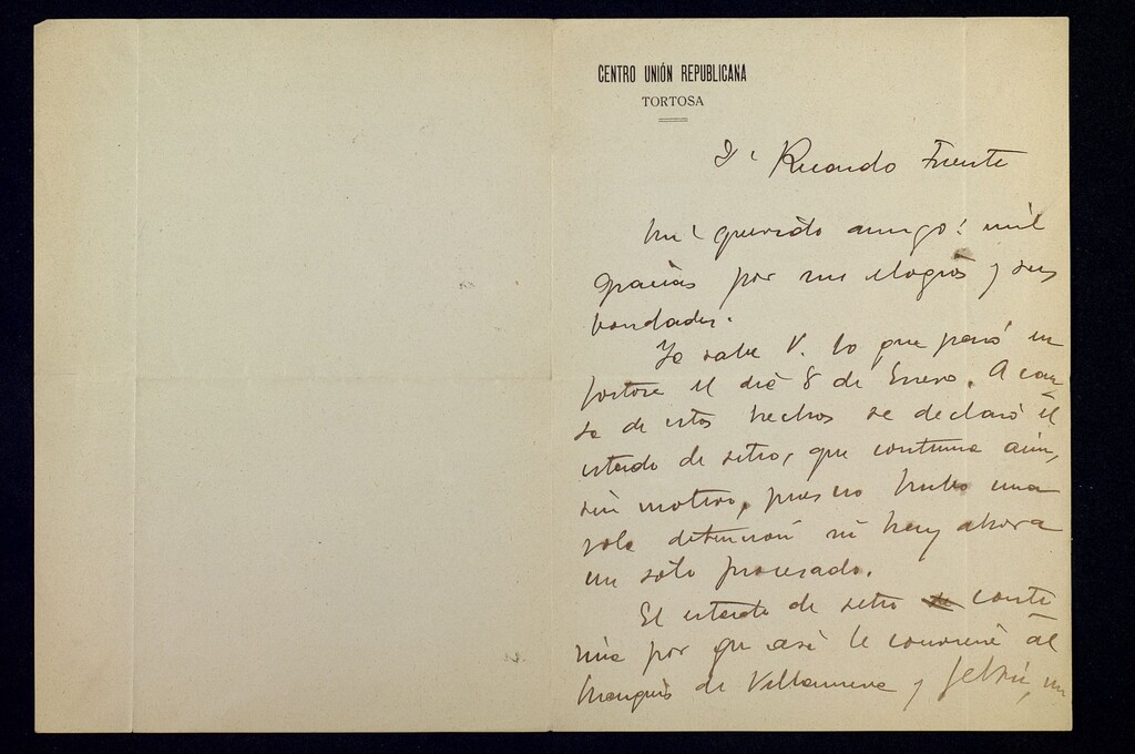 Miniatura de Carta de Marcelino Domingo a Ricardo Fuente quejándose del estado de sitio y acusando al Marqués de Villanueva y Geltrú de provocarlo; pide a Fuente le de publicidad en El Radical
