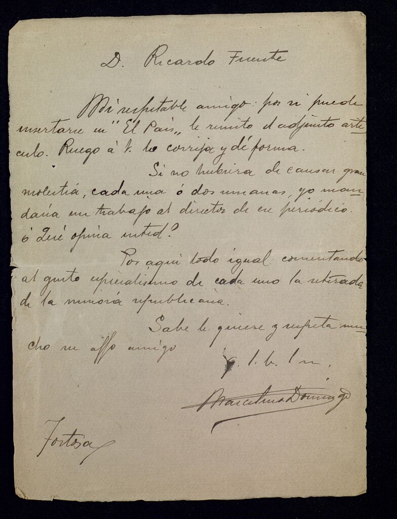 Miniatura de Carta de Marcelino Domingo a Ricardo Fuente remitiéndole un artículo para El País y pidiendo permiso para mandarle más