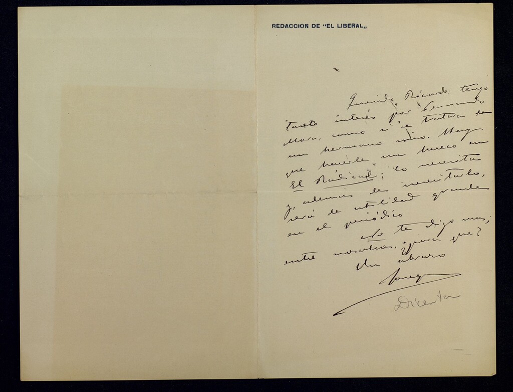 Miniatura de Carta de Joaquín Dicenta a Ricardo Fuente recomendándole a Fernando (Mara