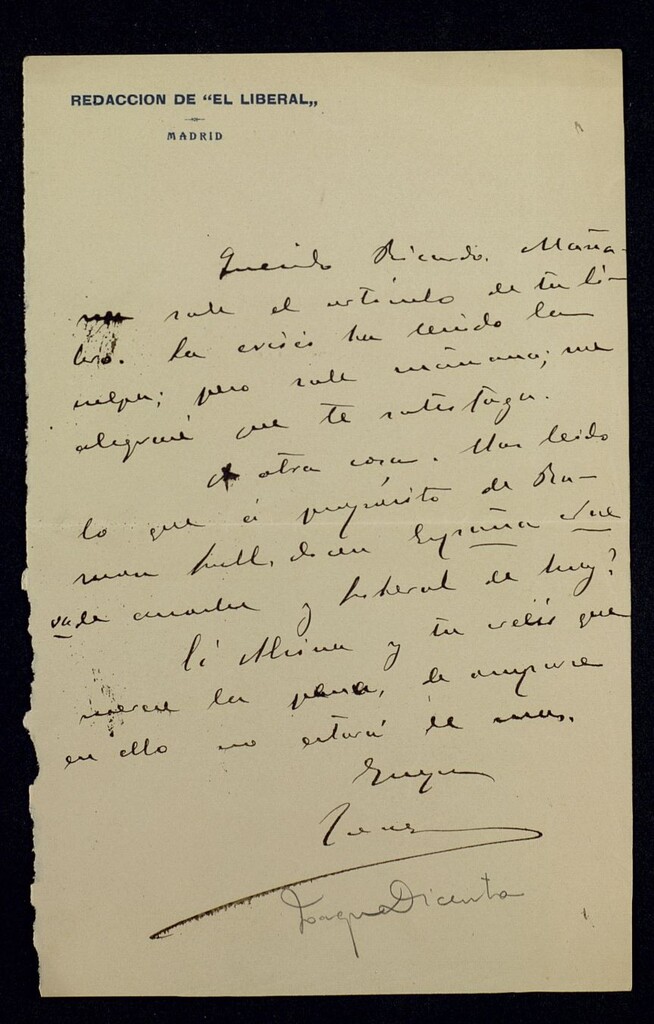Miniatura de Carta de Joaquín Dicenta a Ricardo Fuente sobre un artículo que ha escrito acerca de un libro de este último; también se mencionan a Lull y Alsina