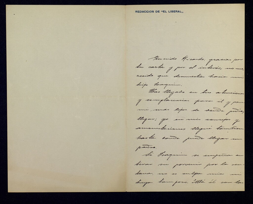 Miniatura de Carta de Joaquín Dicenta a Ricardo Fuente quejándose del comportamiento de su hijo Joaquín