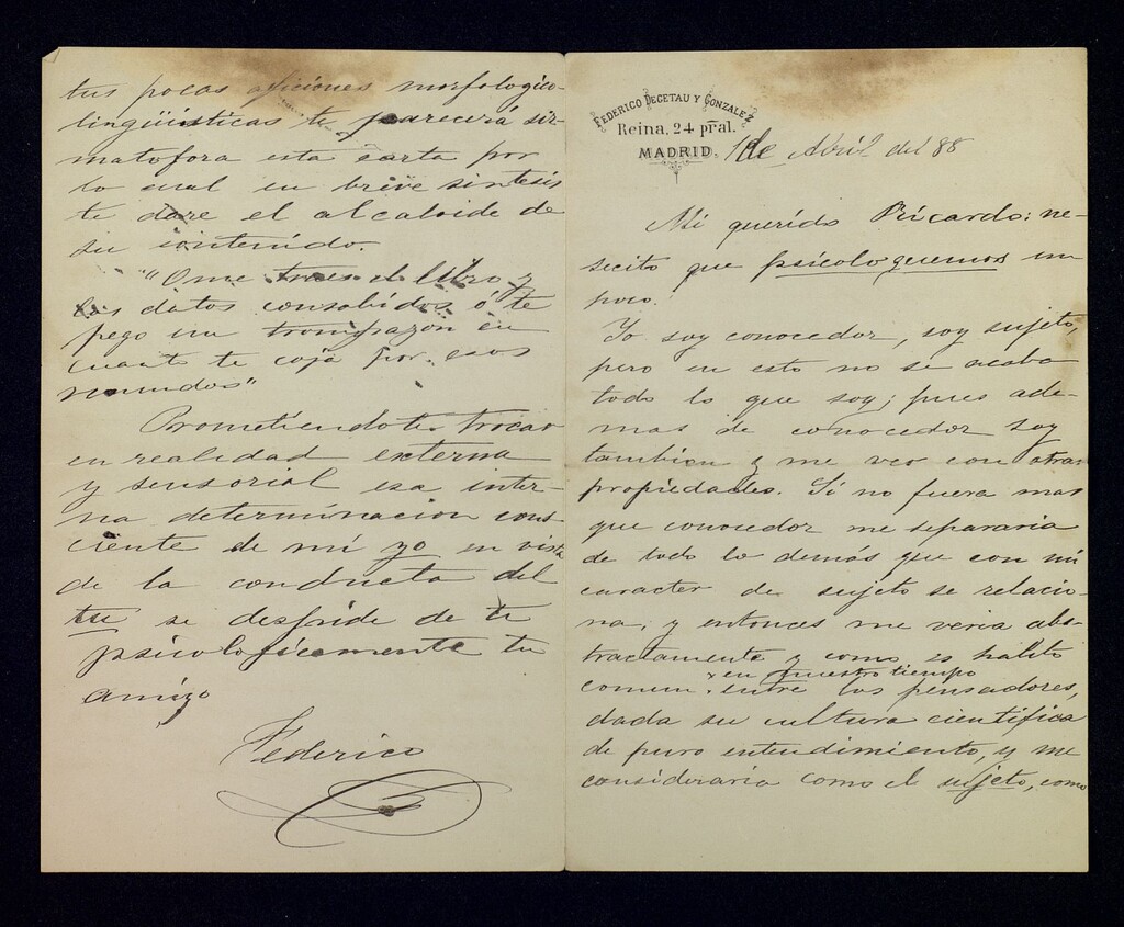 Miniatura de Carta de Federico Degetau y González a Ricardo Fuente con reflexiones sobre filosofía y psicología