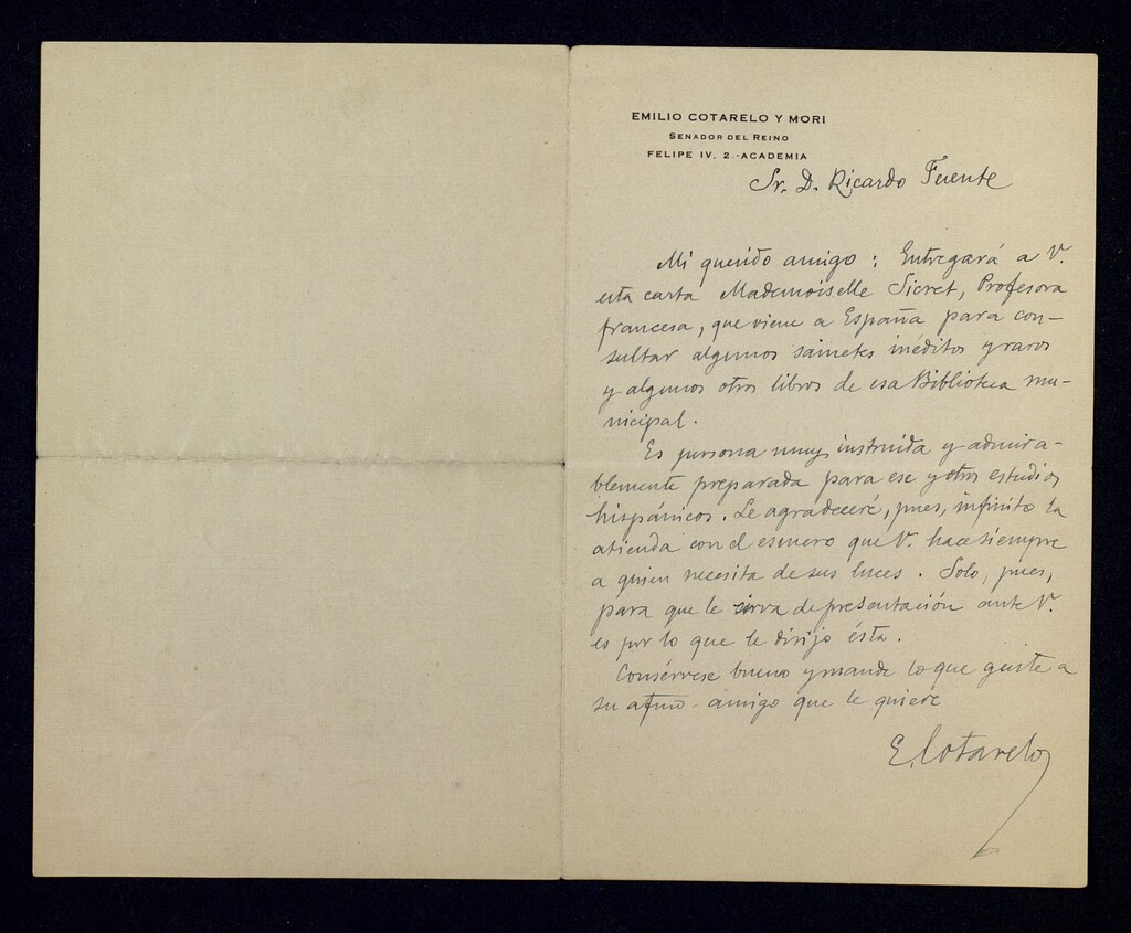 Miniatura de Carta de Emilio Cotarelo y Mori a Ricardo Fuente recomendándole a la profesora francesa, Sicret, que va a consultar libros a la Biblioteca Municipal