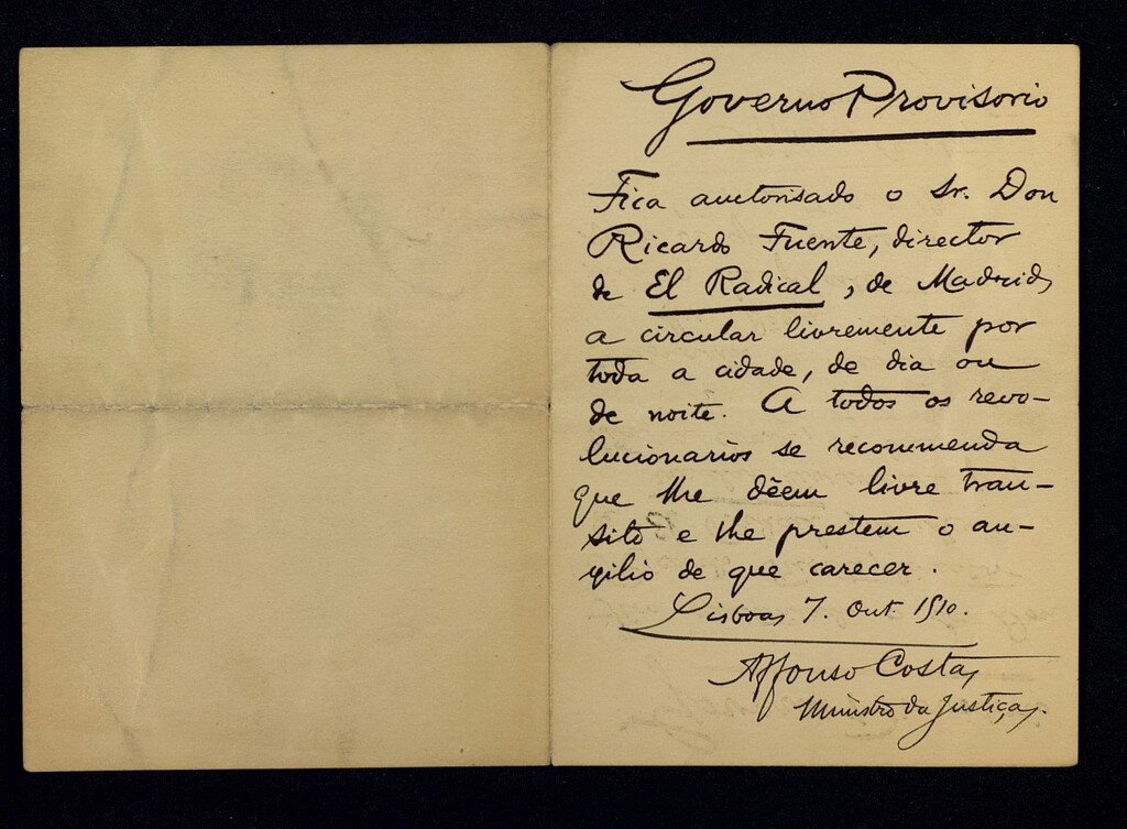 Miniatura de Pase del Governo Provisorio (Gobierno Provisional) de Portugal expedido a Ricardo Fuente, director de El Radical, para que pueda circular libremente por Lisboa durante la Revolución del 5 de octubre de 1910 que implantó la Primera República en Portugal