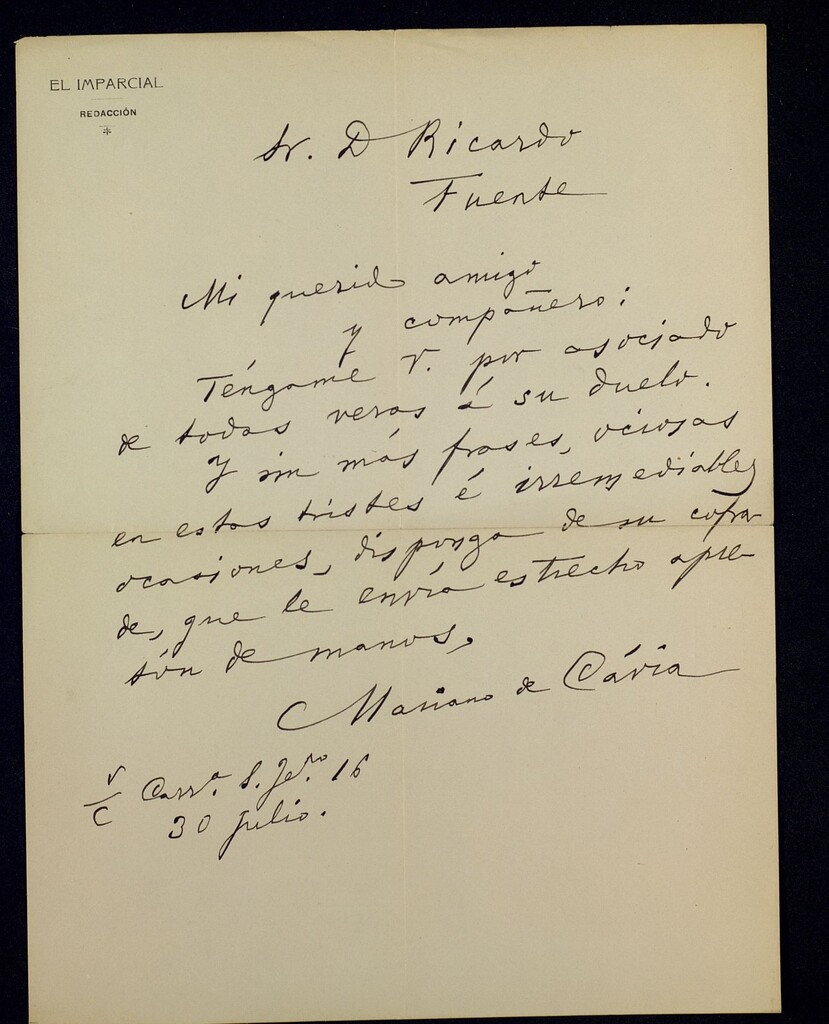 Miniatura de Carta de Mariano de Cavia a Ricardo Fuente dándole el pésame