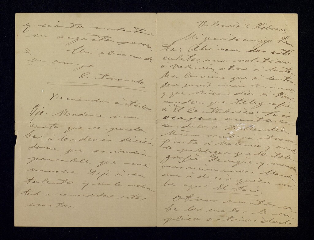 Miniatura de Carta de Roberto Castrovido a Ricardo Fuente remitiéndole dos artículos, sobre Valencia y Santander