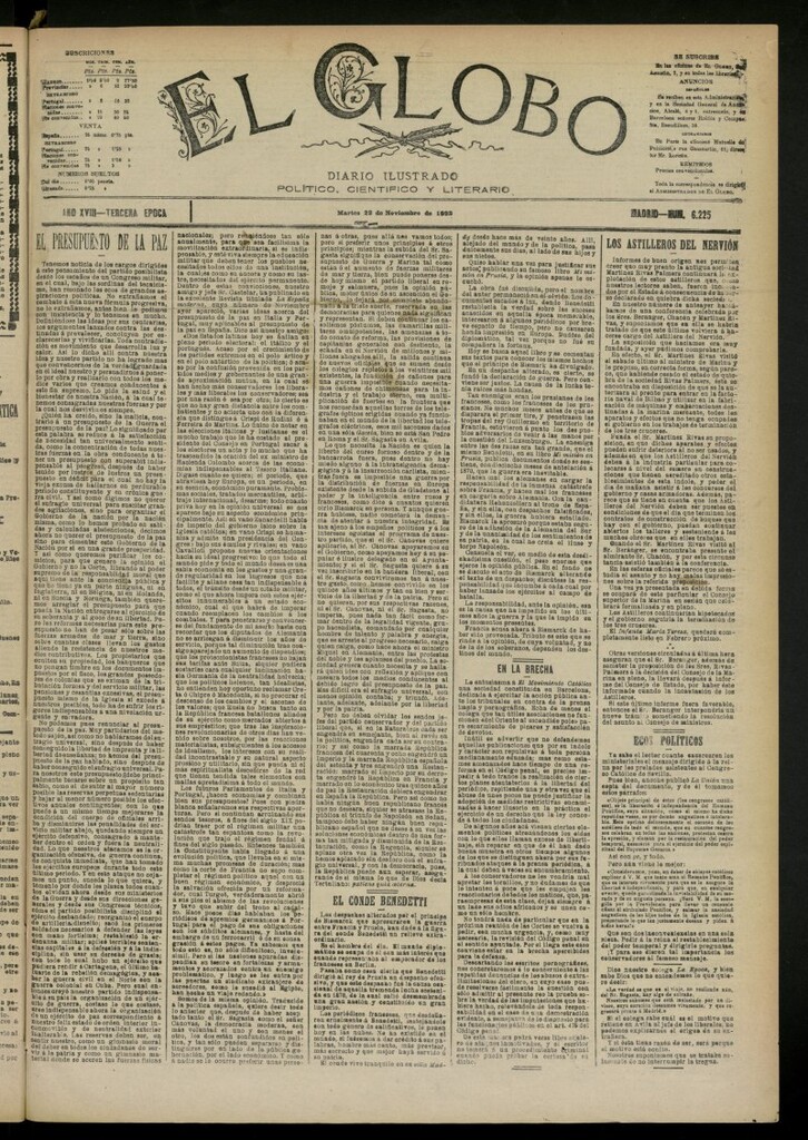 Miniatura de El Globo : diario ilustrado del 22 de noviembre de 1892, nº 6225