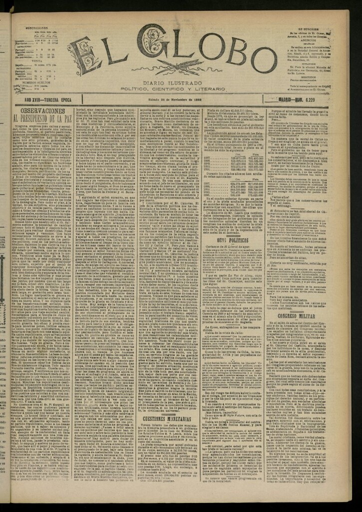 Miniatura de El Globo : diario ilustrado del 26 de noviembre de 1892, nº 6229