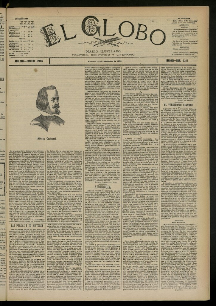 Miniatura de El Globo : diario ilustrado del 30 de noviembre de 1892, nº 6233