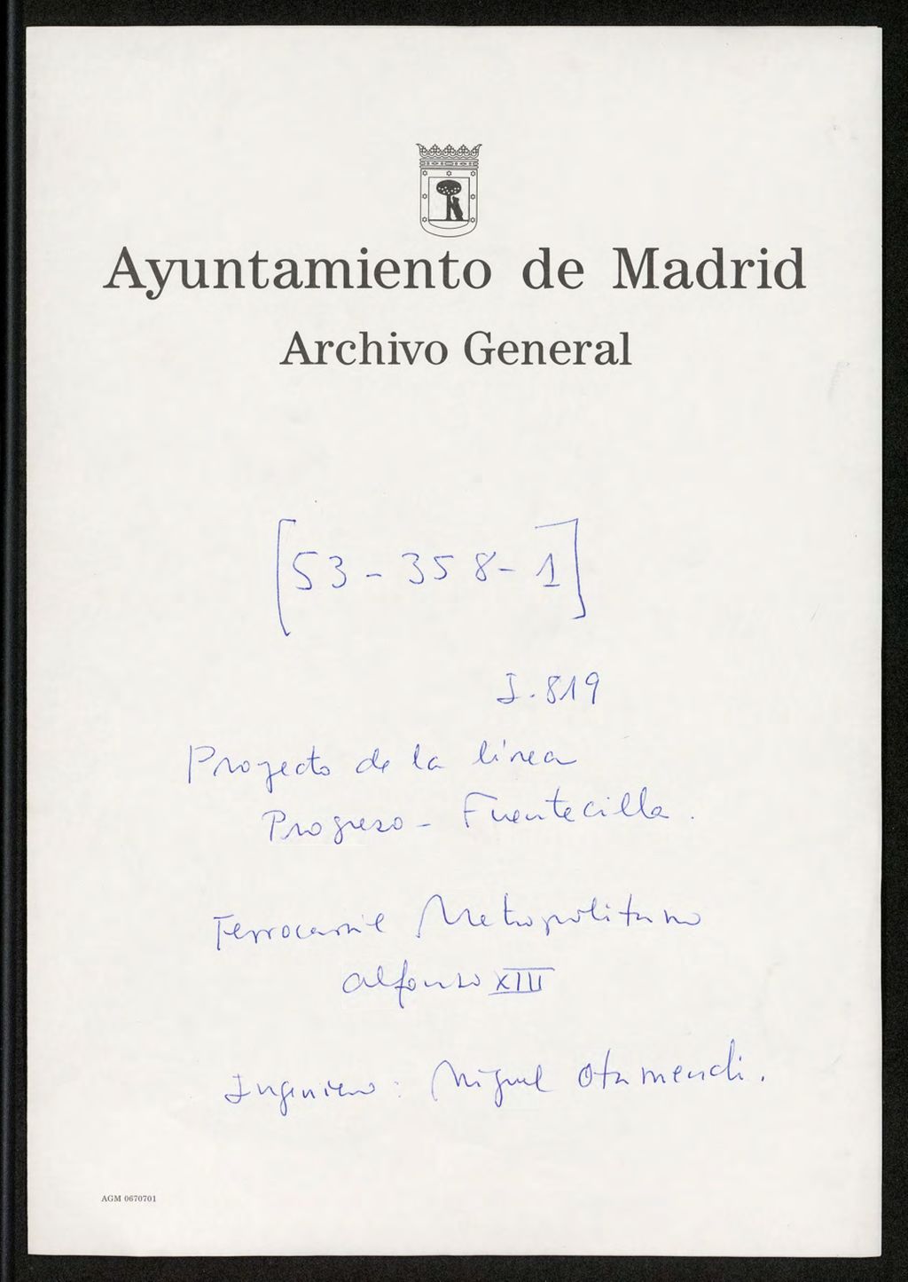 Miniatura de Proyecto de la línea Progreso-Fuentecilla, ferrocarril Metropolitano Alfonso XIII