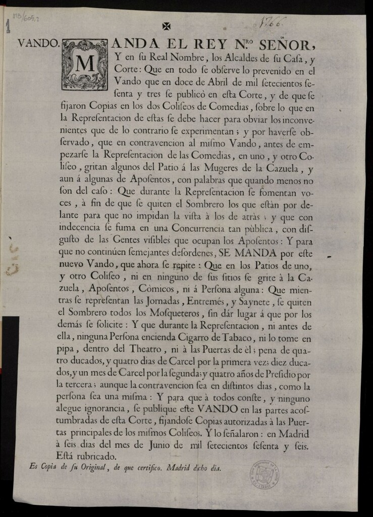 Miniatura de Manda el rey N[uest]ro Señor, Y en su Real Nombre , los Alcaldes de su Casa y Corte Que en todo se observe lo prevenido en el Vando que en doce de Abril de mil setercientos sesenta y tres se publico en esta Corte...