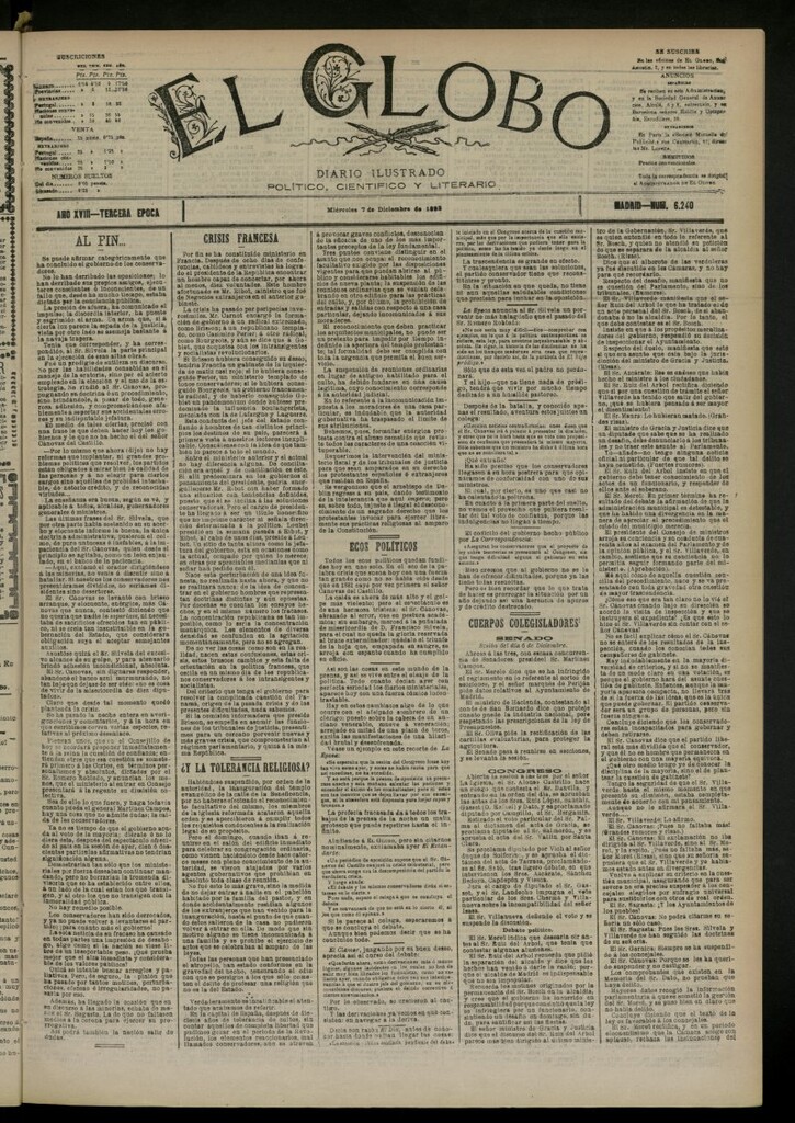 Miniatura de El Globo : diario ilustrado del 7 de diciembre de 1892, nº 6240