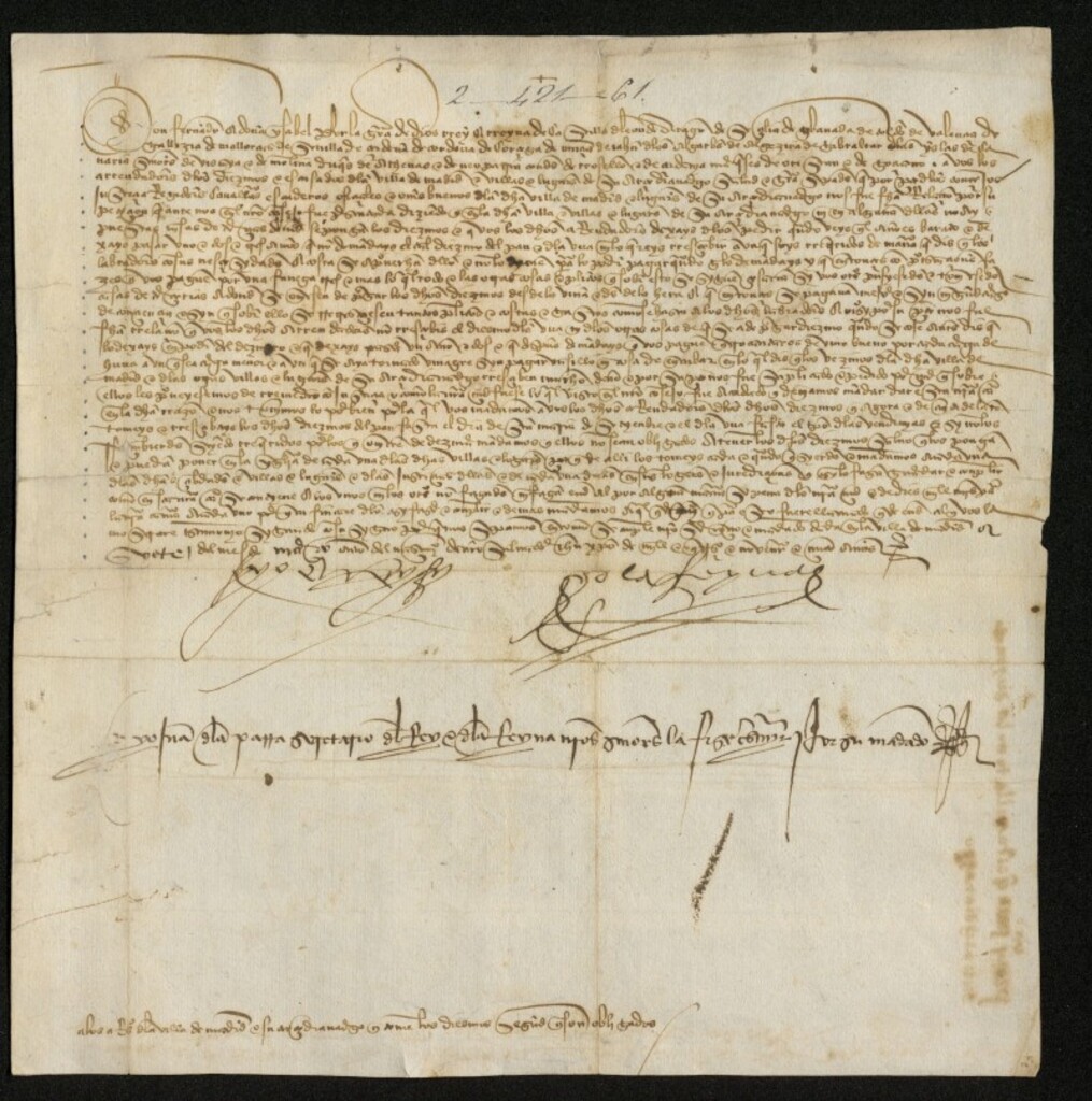 Miniatura de Cédula de los Reyes Católicos ordenando a los arrendadores de diezmos el establecimiento de casas donde se paguen las tercias anualmente para  regularizar la cobranza