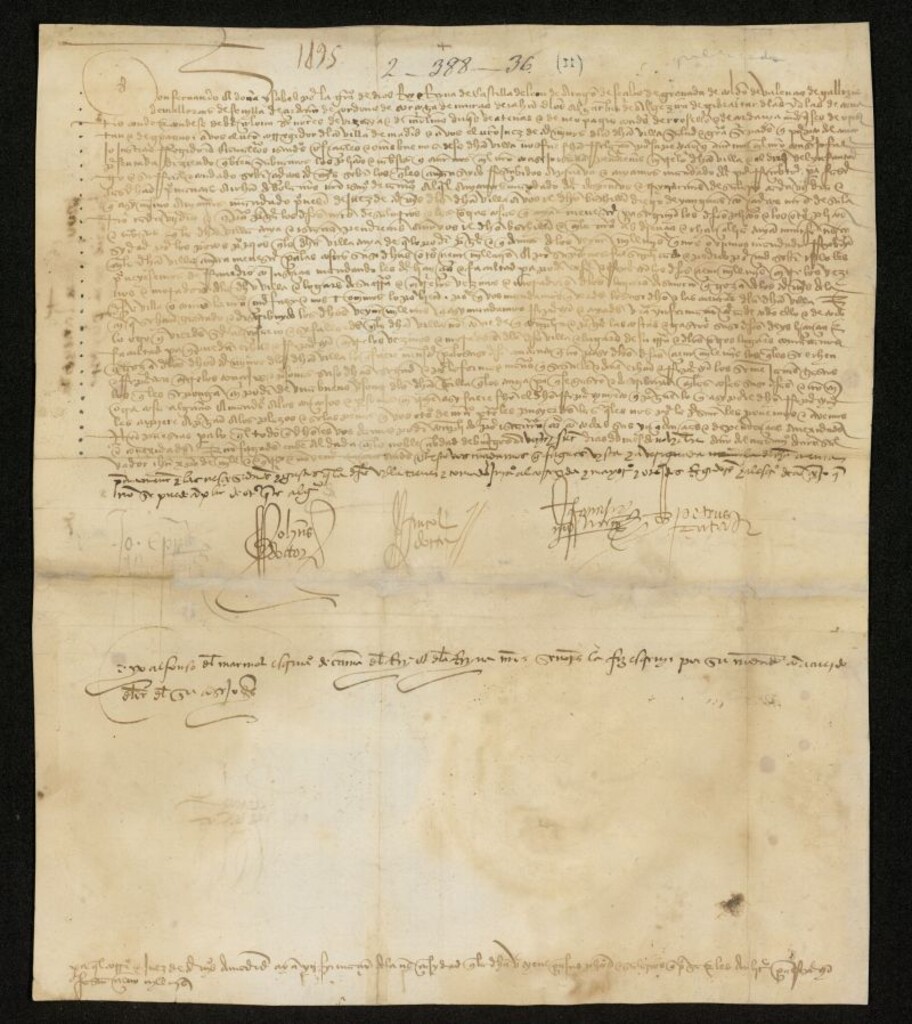 Miniatura de Provisión de los Reyes Católicos autorizando a la Villa de Madrid el repartimiento de veinte mil maravedíes para seguir con sus pleitos contra el duque del Infantado, porque los propios de la Villa estaban agotados por la compra de una dehesa y las reparaciones del reloj